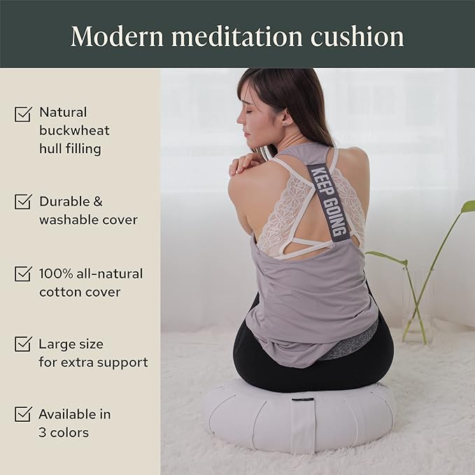 Mindful & Modern Large Meditation Cushion | Zafu Yoga Bolster Meditation Floor Pillow Seat | Buckwheat Hull Filled Crescent Shaped Cushion with Removable Washable Cover + Carry Handle - Bloomnest