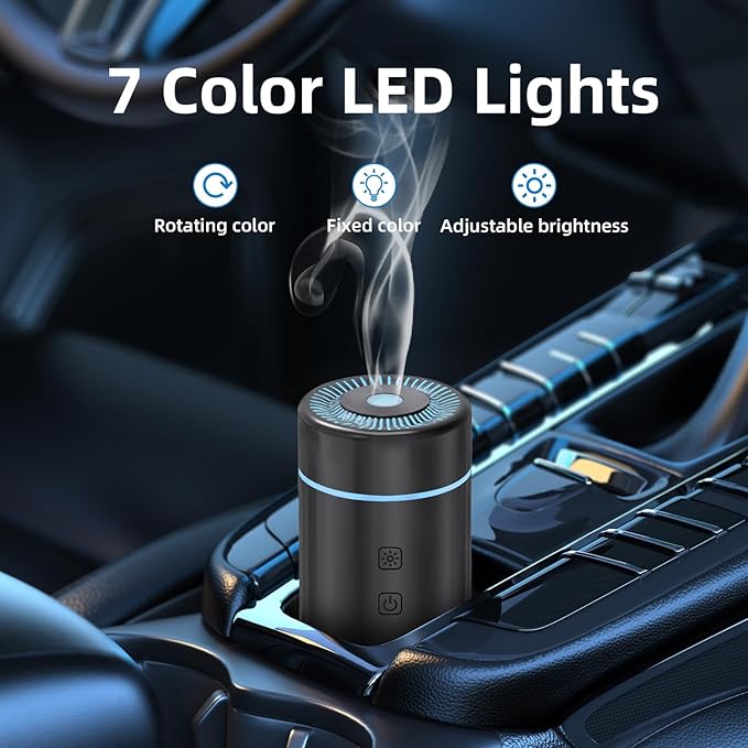 100ML Car Diffuser, USB Rechargeable Battery Operated, Powered Cordless Essential Oil Humidifier, 7 LED Color Lights 2 Timer Modes for Car Outdoor Home (Black) - Bloomnest
