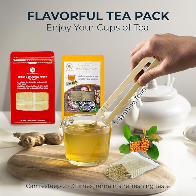 Pure Ginger Tea Samplers with Celastrus Hindsii - 10 Count, Mini Tea Bags, Bamboo Tong Included, Re-Steep Herbal Tea Blend, Corn Based Bags, No Sugar Added, Natural Ginger Tea - Bloomnest
