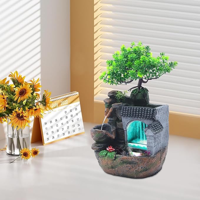 Gdrasuya10 Indoor Water Fountain, Small Tabletop Waterfall Fountain, Rockery Ornament with LED for Office Home Bedroom