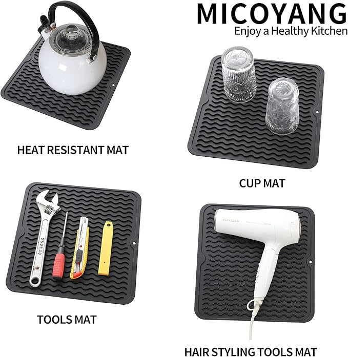 Silicone Dish Drying Mat for Multiple Usage,Easy clean,Eco-friendly,Heat-resistant Silicone Mat for Kitchen Counter or Sink,Refrigerator or Drawer liner Black M 12 inches x 12 inches - Bloomnest