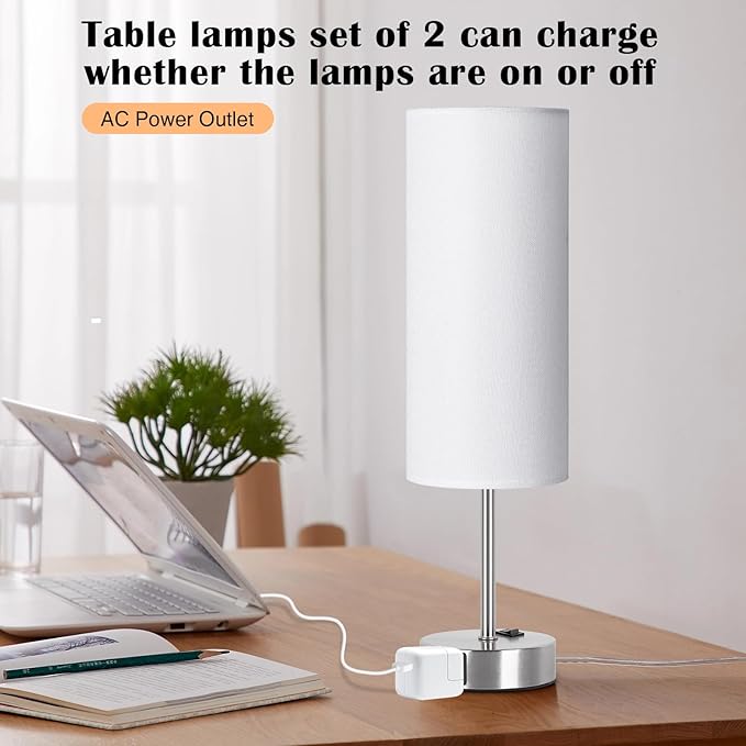 ZJOJO Table Lamp for Bedroom 2 Pack,18in Bedside Lamps with 3 Way Dimmable Rocker Switch & AC Outlet,Nightstand Desk Lamp with White Fabric Shade Nickel Basee for Living Room Home Decor Lights - Bloomnest