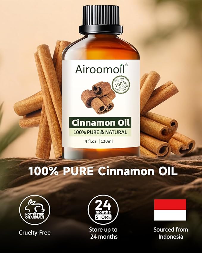 Cinnamon Essential Oil, 100% Pure Natural Cinnamon Oil, Large 4 fl oz / 120 ml for Diffusers, DIY Candles, Soaps, Bath Bombs, Aromatherapy, Gentle Cozy Aroma for Home & Holiday Scents Airoomoil