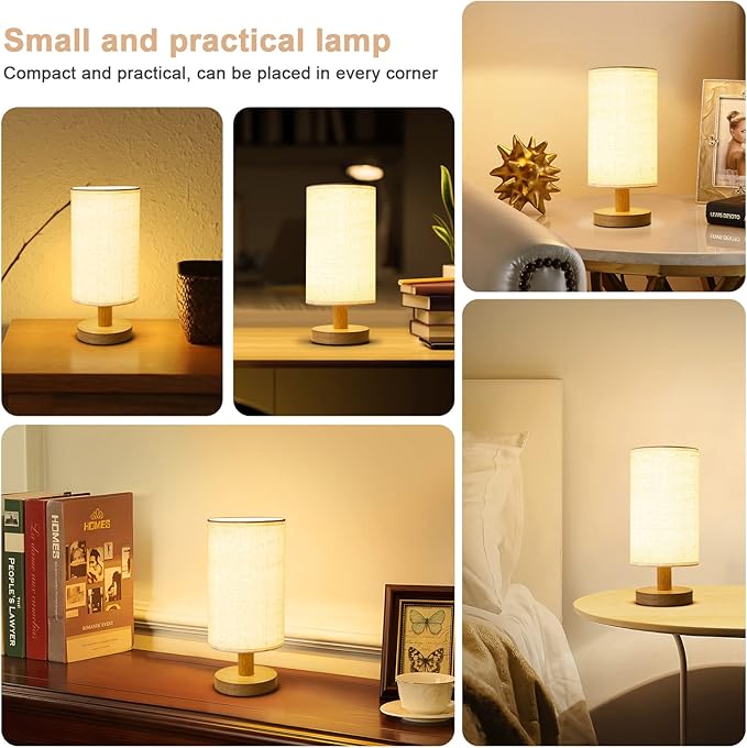Small Bedside Table Lamp for Bedroom, Minimalist Wood Base & Round Fabric Shade, Mini Cute Cozy Warm White Nightstand Boho Lamp, Study Desk Night Stand Light for Room, Dorm, Nursery, Living Room - Bloomnest