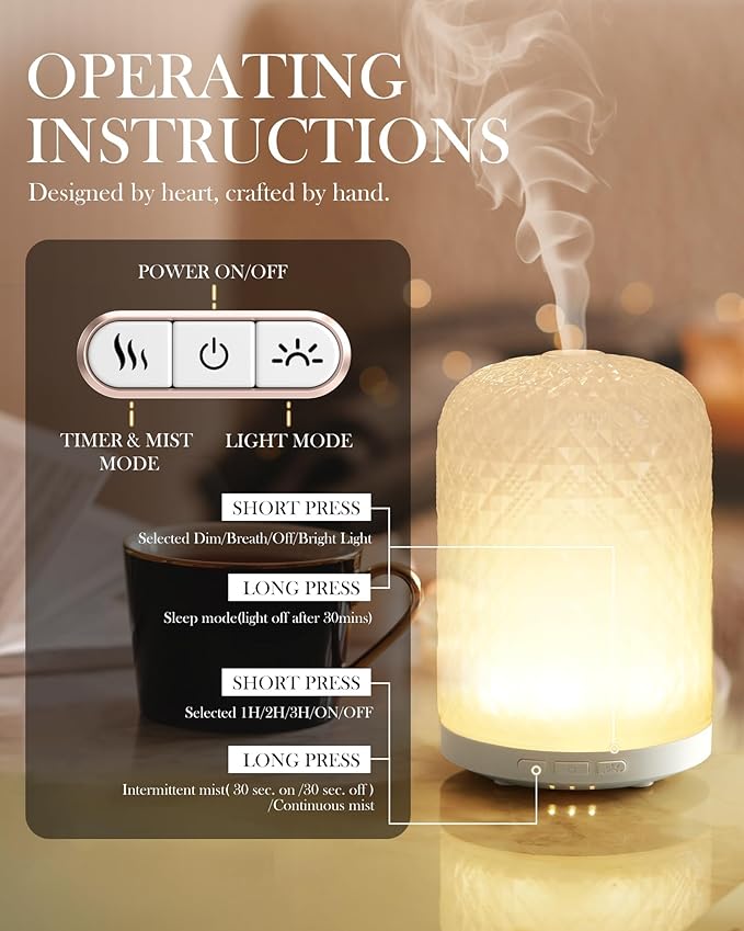 Essential Oil Diffuser – 2.4MHz Ultrasonic Aromatherapy Diffuser, Health Night Light, Timer & Auto Shut-Off, BPA-Free, 120ml Glass Oil Diffuser for Home, Office, Spa, Yoga - Bloomnest