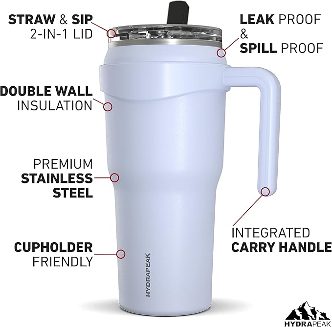Hydrapeak Roadster 40oz Stainless Steel Tumbler Double Wall Vacuum Insulated Water Bottle With Handle And 2 in 1 Straw Lid (Ice) - Bloomnest