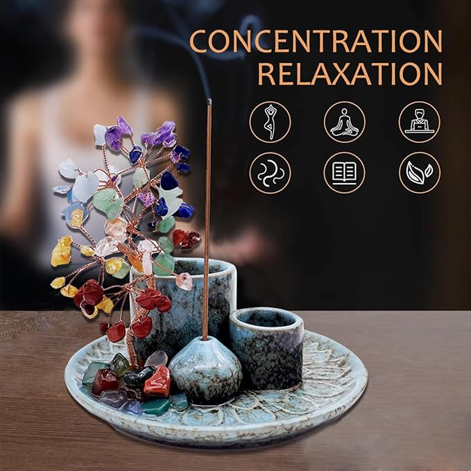 5 in 1 Incense Burner Holder with Crystal Healing Tree, Palo Santo Holder, Sage Holder, Incense Holder for Sticks/Cones/Candles, Ceramic Tray Ash Catcher for Burning Incense, Meditation Gift - Bloomnest