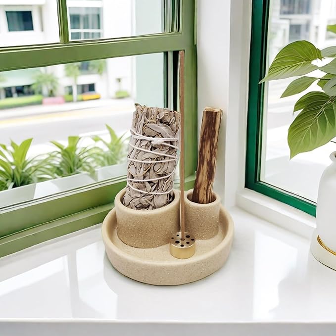 4 in 1 Incense Holder, Ceramic Incense Stick and Palo Santo Holder,Sage Holder for Burning- 5.5" Ceramic Ash Catcher Tray for Meditation and Yoga Room (Sand Gravel) - Bloomnest