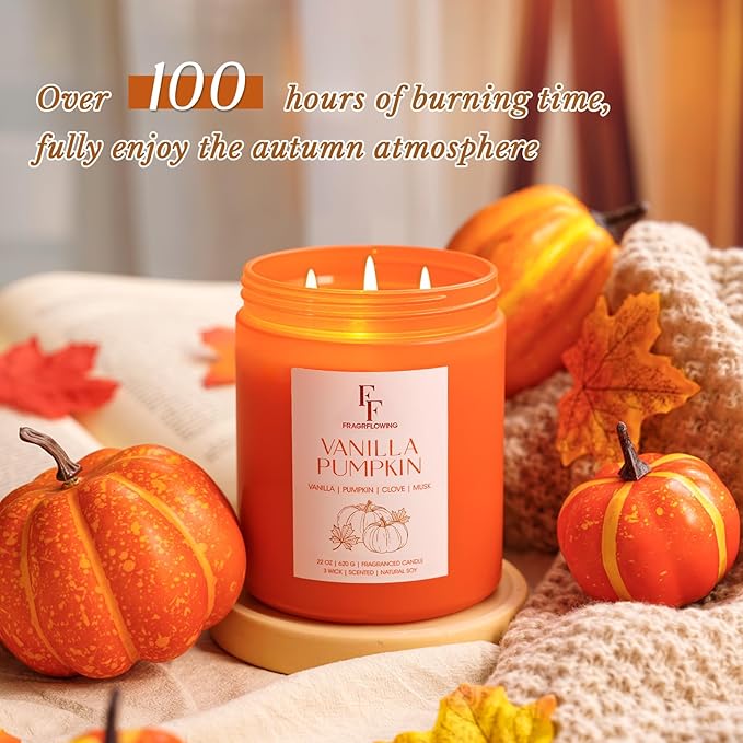 Large Fall Candle Vanilla Pumpkin Scented, 3-Wick 22oz Long Lasting Scented Candle, Natural Soy Wax Aromatherapy Candle for Home, Autumn Candle Gifts for Women Men - Bloomnest
