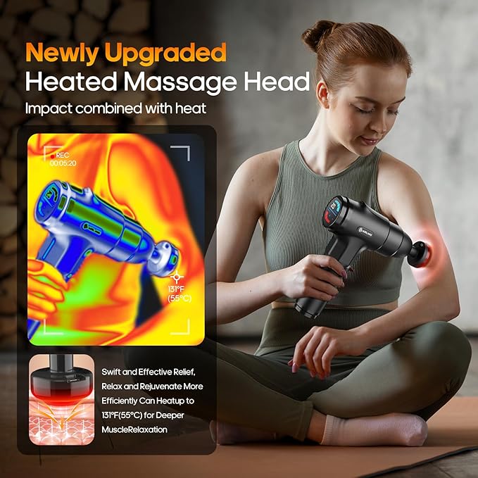 AERLANG Massage Gun with Heat Deep Tissue Back Massager Neck Massager for Pain Relief,Muscle Percussion Massage Gun, Birthday Gifts for Men Women Dad him Handheld Message Gun with 7Heads&Silent - Bloomnest