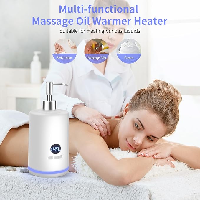 Oil Warmer for Massage, Yofuly Heated Body Lotion Dispenser Device with Gua Sha Roller Set, Electric Massage Oil Gel Bottles Heater with Ambient Lighting, White - Bloomnest