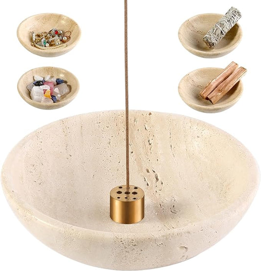 Koville Italian Travertine Incense Holder, 6" Incense Holders for Sticks, Sturdy Incense Burner Ash Catcher, Ideal for Meditation, Relaxing, Easy to Clean
