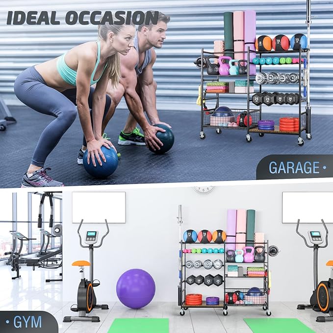 PLKOW Dumbbell Rack, Weight Rack for Dumbbells, Home Gym Storage for Dumbbells Kettlebells Yoga Mat and Balls, All in One Workout Storage with Wheels and Hooks, Powder Coated Finish Steel - Bloomnest