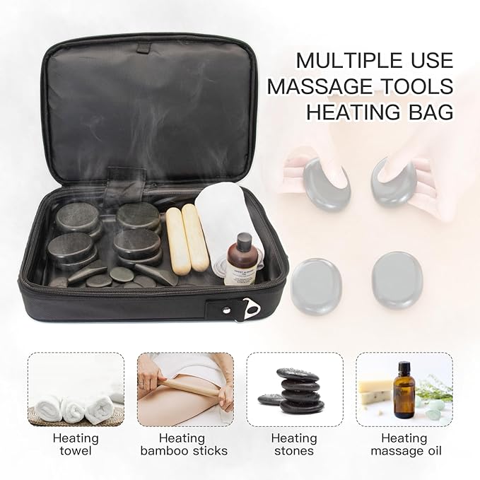Portable Massage Stone Warmer Set, 20 Pcs Basalt Hot Stones with Heater Kit, Electric Hot Stones Warmer Massager for Professional/Home Spa, Digital Controller Heating Travel Bag (Black) - Bloomnest