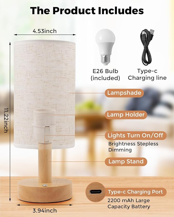 Cordless Table Lamp, 2200mAh Battery Operated Desk Lamp, Touch Bedside Lamps for Night Stands, Warm Light Mini Boho Lamp, Wood Base Round Flaxen Fabric Shade for Living Room,LED Bulb Included (Beige) - Bloomnest