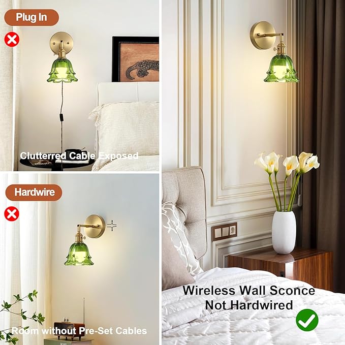 2 Pack Vintage Battery Operated Wall Sconces, Rose Green Lampshade & 180 Degree Adjustable, Wireless Rechargeable RGB Wall Light with Remote Control, for Bedroom Living Room Hallway Aisle - Bloomnest