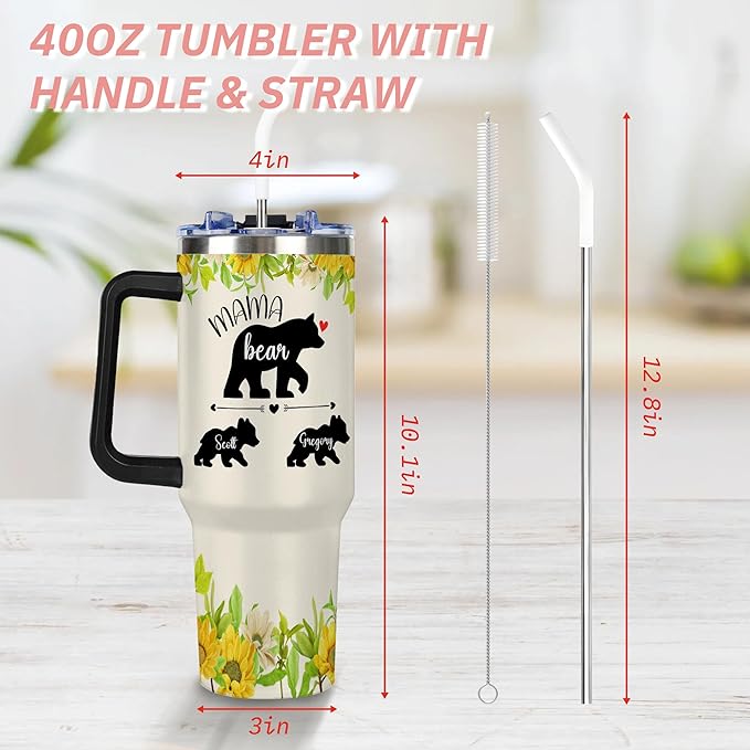 Personalized Mama Bear Tumbler with Kids' Names, Custom 40oz Tumblers with Handle and Straw Lid, Mothers Day Birthday Gifts From Daughter Son, Stainless Steel Travel Coffee Mug, Gifts for Christmas - Bloomnest