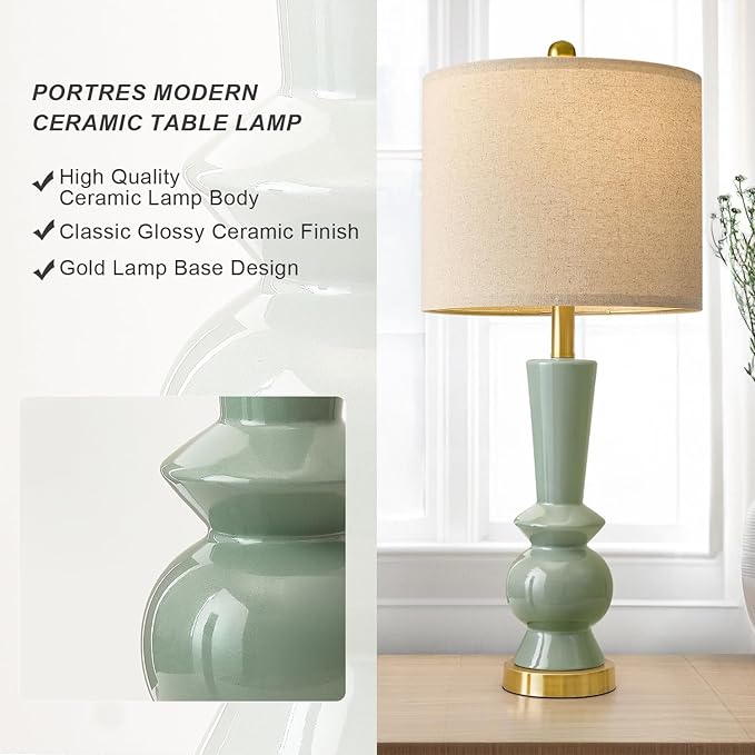 PORTRES 27" Modern Ceramic Table Lamp Set of 2 for Living Room Green & Gold Bedside Lamps for Bedroom Nightstand Lamp Tall End Table Lamps - Bloomnest
