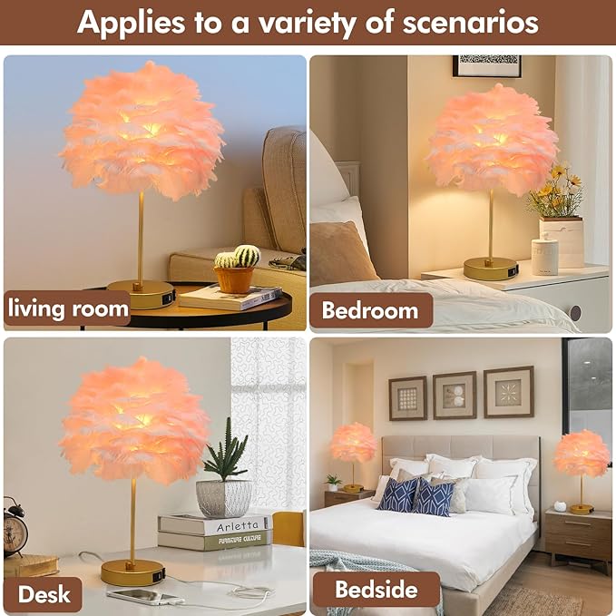ZYLEIESENBAO Pink Feather USB Charger Table Lamp Feather Bedside Lamp Cute Nightstand Lamp with Outlets Princess Desk Light for Girl Bedroom Living Room Entryway Hotel Wedding Women's Gift Decoration - Bloomnest