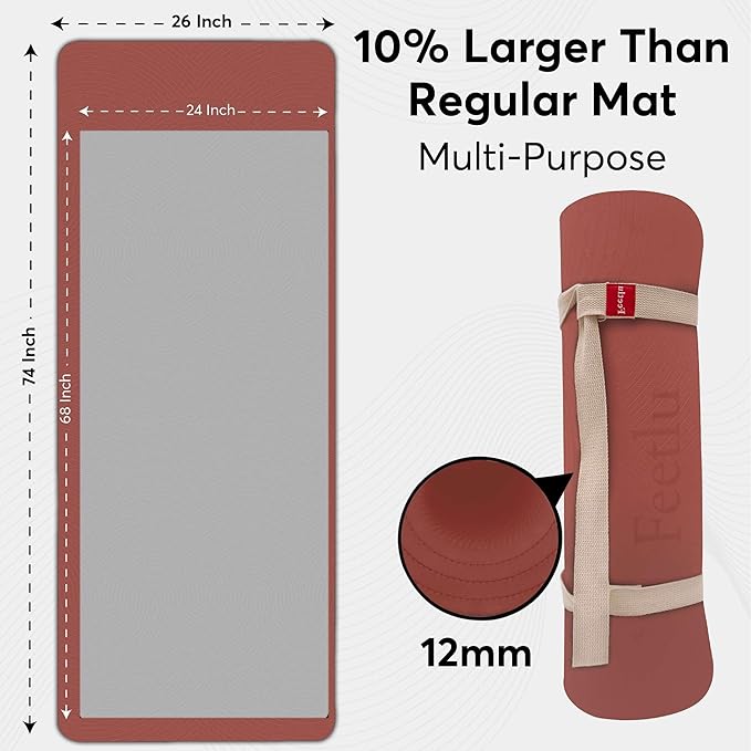 Extra Thick 12mm Exercise Mat – Non-Slip, Joint-Friendly & Cushioned Fitness Mat for Yoga, Pilates & Floor Workouts – Durable, Supportive & Includes Feetlu Classic Strap