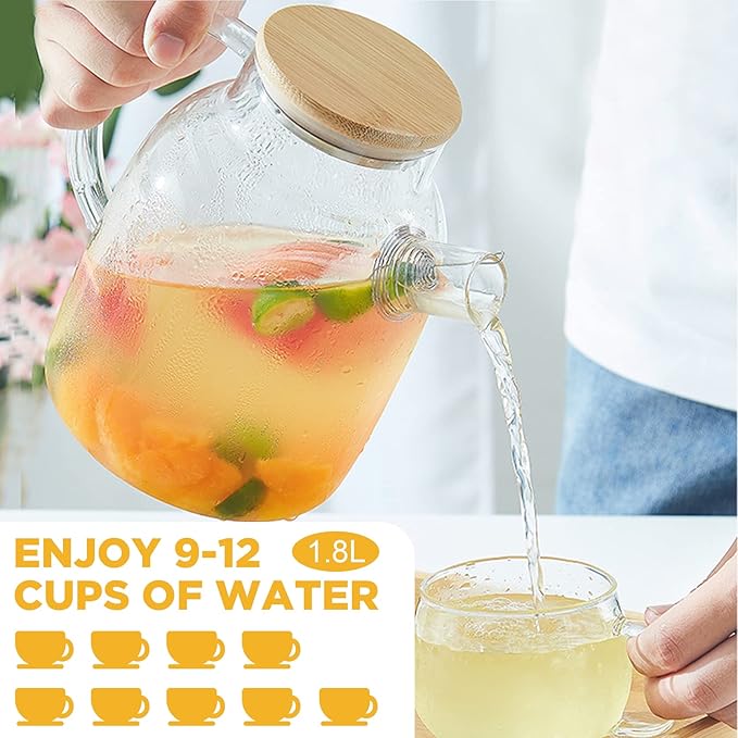 Glass Tea Pot Kettles Stovetop Safe, 60.8oz/1800mL Heatproof Borosilicate Glass Teapot Water Pitcher With Bamboo Lid and Removable Filter Spout for Loose Leaf and Blooming Tea - Bloomnest