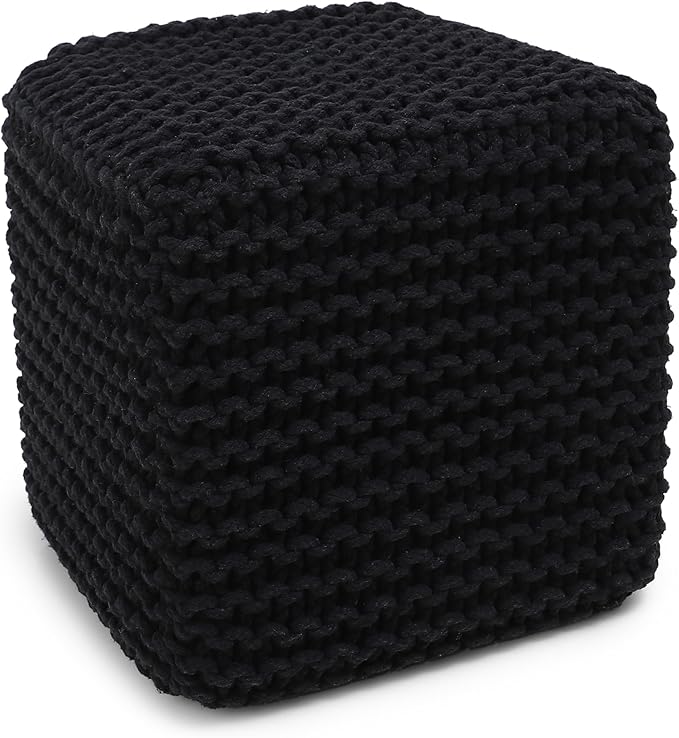 REDEARTH Cube Pouf Foot Stool Ottoman - Hand Knitted Poof - Cord Boho Pouffe - Home Décor - Stuffed Footrest for Living Room - Bedroom - Covered Patio (16" x 16" x 16") - Black - Bloomnest