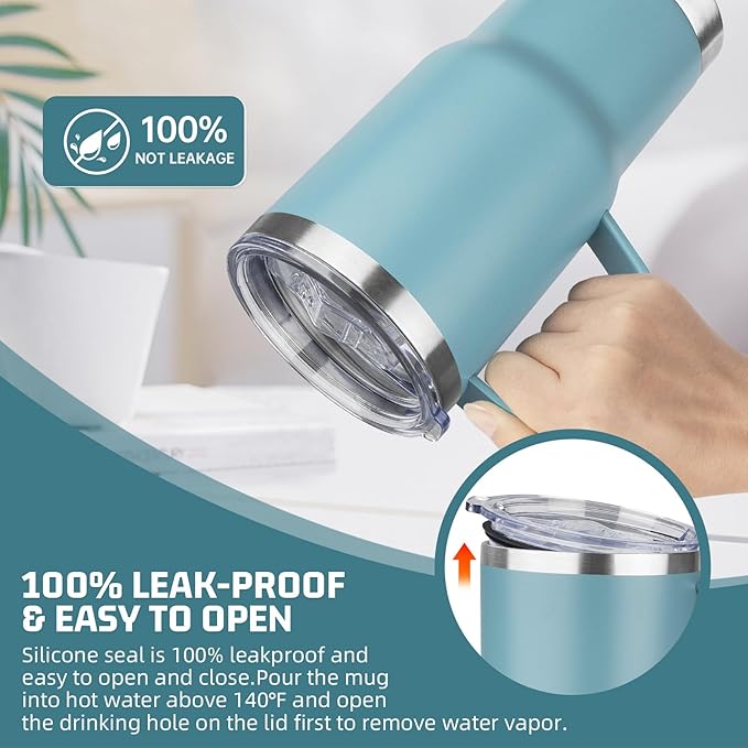 20 oz Tumbler with Handle Stainless Steel Insulated Coffee Mug Tumbler with Lid and Straw Double Wall Vacuum Insulated Coffee Mug Leak Proof Travel Tumbler for Hot and Cold Drink (Azure Blue,1pack)