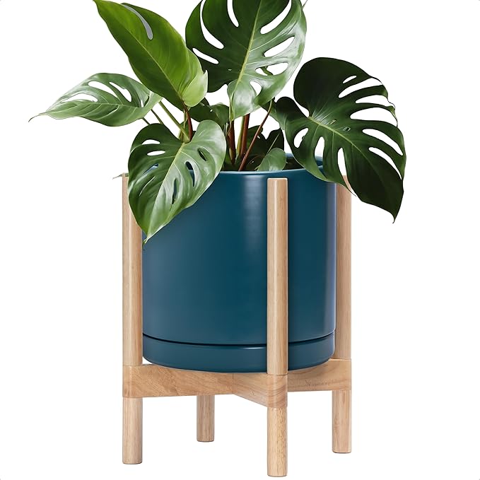 D'vine Dev Ceramic Planter with Natural Stand - 12 Inch Modern Round Flower Pot with Wood Planter Holder, Teal, 55-B-J-4 - Bloomnest
