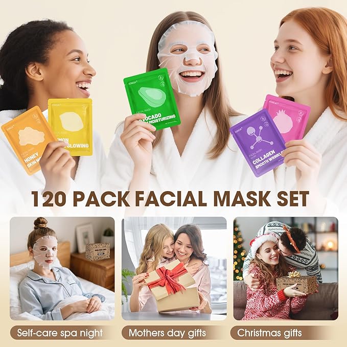 120 Pack Collagen Essence Sheet Face Masks Skincare, Moisturizing & Hydrating Face Mask for Skin Care, Bulk Face Masks for All Skin Types, Spa Party Gifts for Women (12 Types x 10 Pcs) - Bloomnest