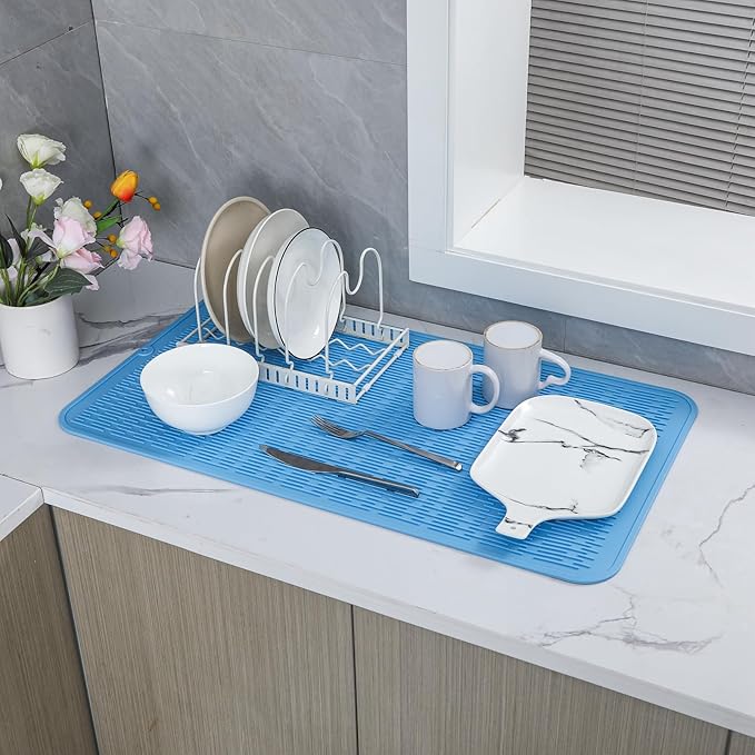 Silicone Dish Drying Mat for Multiple Usage,Easy clean,Eco-friendly,Heat-resistant Silicone Mat for Kitchen Counter or Sink,Refrigerator or Drawer Liner Light Blue 3XL 28 inches x 18 inches - Bloomnest