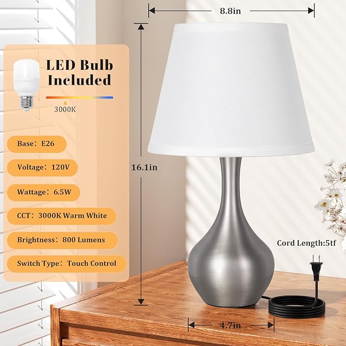 Seealle Touch Table Lamp for Bedroom, 3-Way Dimmable Small Bedside Lamps for Night Stands with Wires, Silver Desk Lamp for Kids Room, Office, Living Room, End Table(LED Bulb Included) - Bloomnest