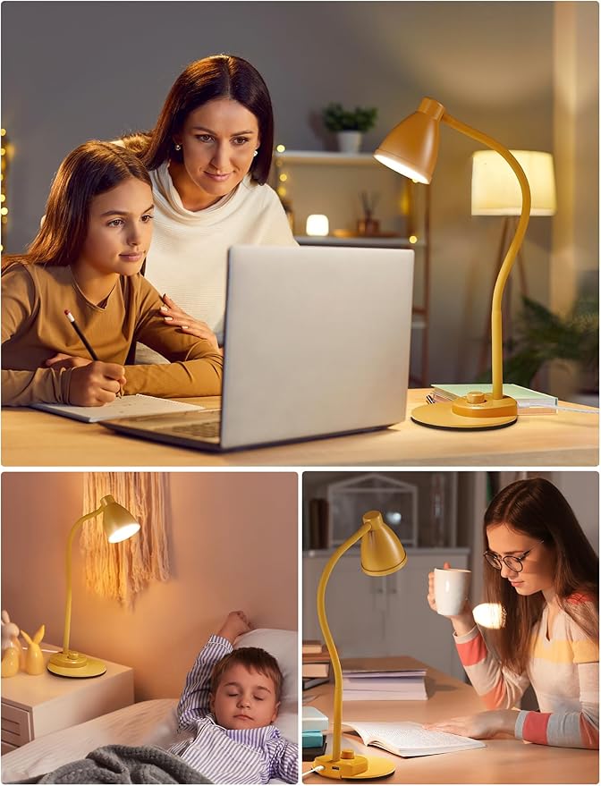 BOHON LED Desk Lamp with USB Charging Port, 3 Color Modes Fully Dimmable Reading Lamp, Auto Dimming Task Lamp, Flexible Gooseneck Table Light for Home Office Dorm Bedside, Bright Yellow - Bloomnest