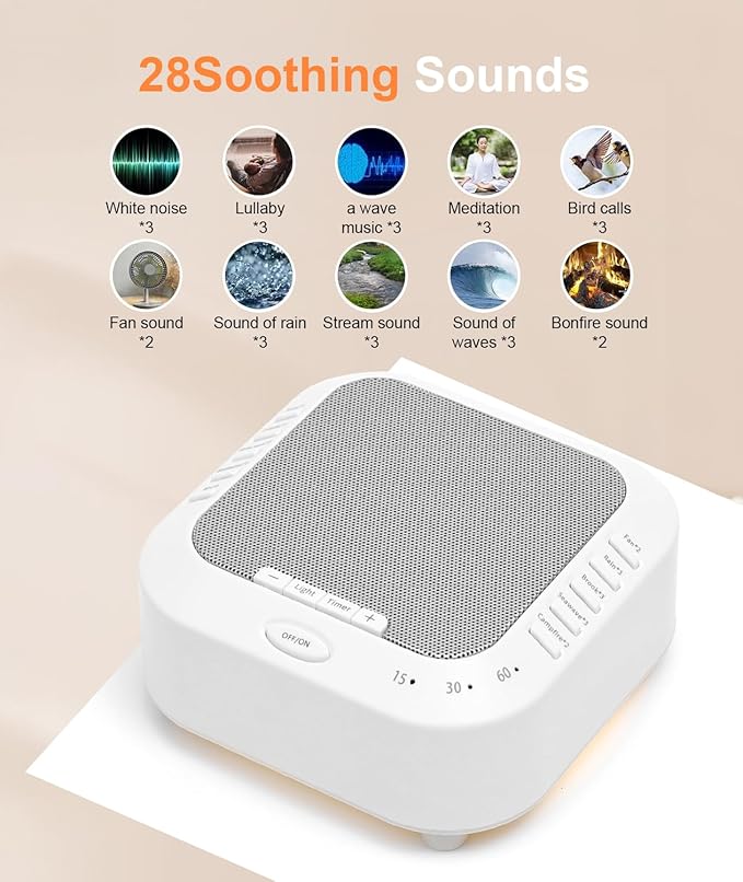 Sound Machine - White Noise Machine with Night Light & Sleep Timer, 28 Non Looping Natural Soothing Sounds, Sleep Therapy for Baby, Adults, Home, Office, Travel