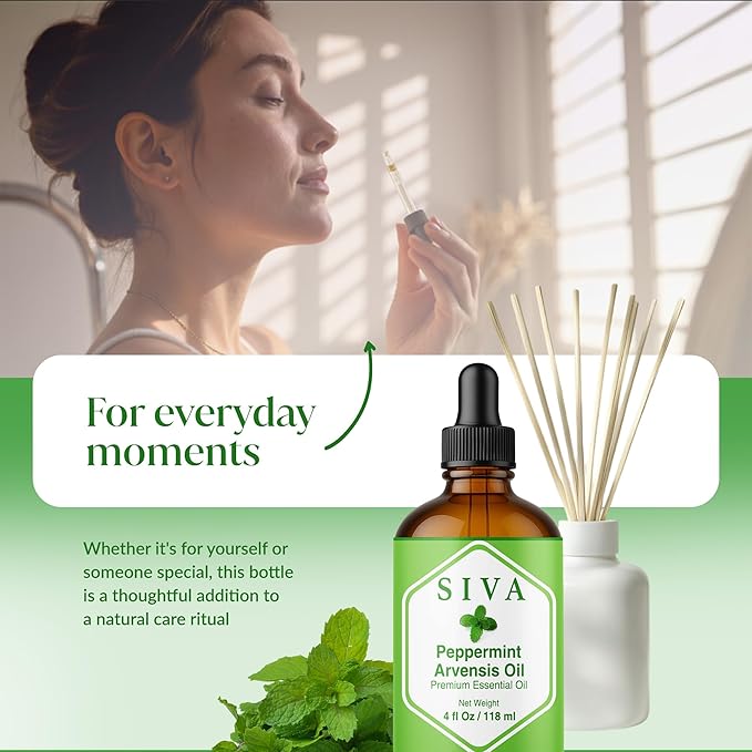Siva Peppermint Arvensis Essential Oil - 4 Fl Oz – 100% Natural Peppermint Arvensis Oil - for Diffuser, Face, Skin Care, Aromatherapy, Hair Care, Scalp and Body Massage - with Dropper - Bloomnest