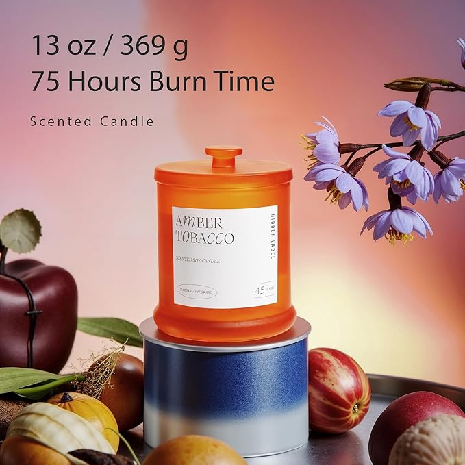 Hidden Label Amber Tobacco Fall Candles | 2 Wick Large Candles for Home Scented 13oz 75Hour Long Lasting Slow Burning | Aromatherapy Candle for Home Decor, Stress Relief & Relaxation - Bloomnest
