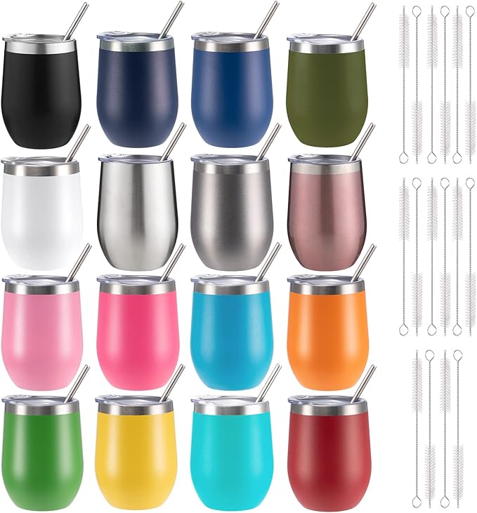 12 oz Insulated Wine Tumbler with Lid and Straw,Stainless Steel Stemless Wine Tumbler Glasses 16 Packs Double Wall Vacuum Wine Cups Tumbler Bulk for Champaign,Beer,Cocktail,Office,16 Colors - Bloomnest