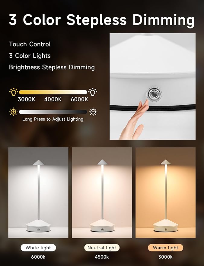 Table Lamps,LED Rechargeable Desk Lamp,Portable Modern USB Battery Operated Lights,Outdoor Waterproof Touch Dimmable,for Patio,Restaurant,Bar,Camping,Dining Home Set of 2 White - Bloomnest