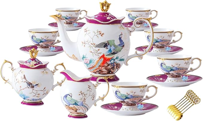 ACMLIFE Fine Bone China Tea Set for Adults with Teapot, Porcelain Tea Sets 21-Piece Vintage Floral English Tea Set for 6, China Tea Sets 24K Gold Bone China Tea Pot and Cups Set Gifts for Women - Bloomnest
