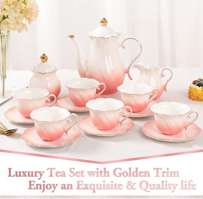 DUJUST 22 pcs Porcelain Tea Set for 6, Luxury British Style Tea/Coffee Cup Set with Golden Trim, Beautiful Tea Set for Women, Tea Party Set, Gift Package (With a Stand) - Gradient Pink - Bloomnest