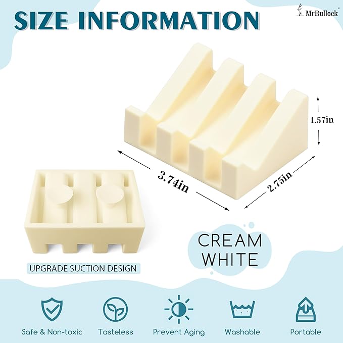 Silicone Soap Dish with Drain, Upgrade Double Suction Cups at The Bottom for Anti-Slip and Stability, Soap Dish Shower Waterfall Bar Soap Holder Tray with Drain Soap Holder (1, CreamWhite) - Bloomnest