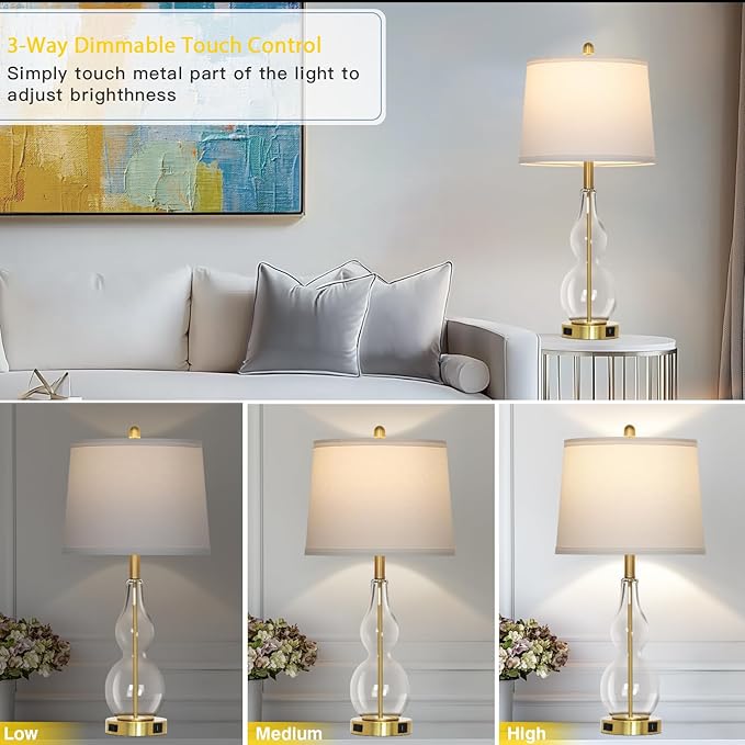 27.5" Clear Glass Table Lamp Set of 2,3-Way Dimmable Touch Control Bedside Lamps with USB Ports and AC Outlet, Modern Nightstand Lamps Gold lamp for Bedroom Living Room - Bloomnest