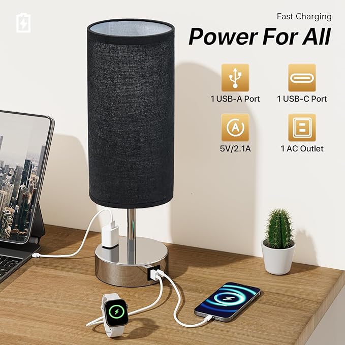 KPQ Small Bedside Lamp Touch Control Table Lamp with USB A+C Charging Ports & AC Outlet 3-Way Dimmable Nightstand Lamp with Linen Fabric Shade for Bedroom Living Room - Bloomnest