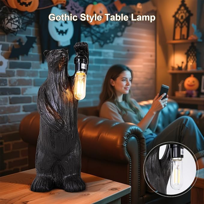 Scenekoy Bear Table Lamp for Living Room Bedroom, Memory Function, 3 Way Cycling Dimming, Resin Gothic Style Bedside Nightstand Lamps, Rustic Night Light Home Room Decor (Bulb Included) - Bloomnest
