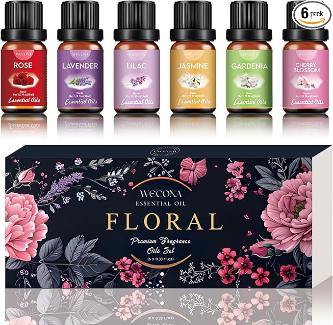 Floral Essential Oils Set for Diffusers & Candle Making - 6x10ml Natural Botanical Blends with Rose, Lavender, Lilac, Jasmine, Gardenia, Cherry Blossom Scents - Bloomnest