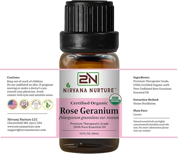 Rose Geranium Essential Oil, USDA Certified Organic, 100% Pure Undiluted, Aromatherapy Oil for Diffuser, Hair & Skin Care NirvanaNurture