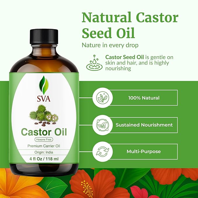 SVA Castor Seed Oil - 4 Fl Oz – 100% Natural Cold Pressed Castor Oil - for Face, Skin Care, Hair Care, Scalp Massage & Body Massage – Carrier Oil with Dropper - Bloomnest