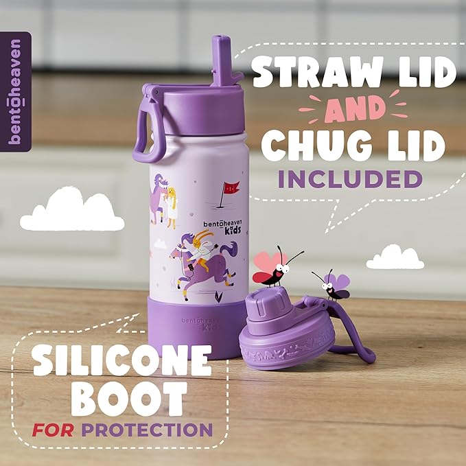 Bentoheaven Kids Water Bottle Stainless Steel for Boys & Girls, 2 Lids (Chug & Straw), Handle & Silicone Boot, Reusable Metal Leak-proof Insulated Tumbler, School & Sports 17oz (Purple) - Bloomnest