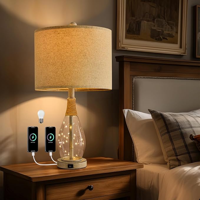 OYEARS 23" USB A+C Table Lamp for Bedroom Living Room Modern Bedside Lamps Retro Farmhouse Rattan Glass Nightstand Nightlight Lamps (White),Two Light Points - Bloomnest