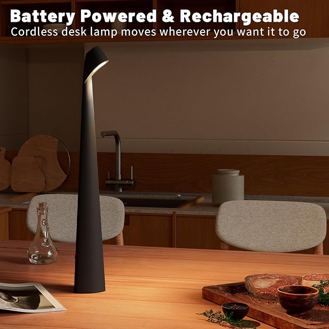 Cordless Desk Lamp, Portable Table Light, Rechargeable Touch Lamp, LED Lamp Battery Operated with 3 Brightness Levels for Bedside Dorm Reading (Black) - Bloomnest