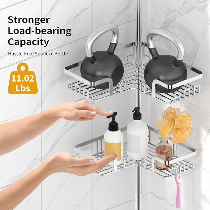 KEGII Adjustable Shower Caddy Corner Tension Pole, Rustproof Shower Rod Organizer with Hooks, Floor to Ceiling Tension Rod 25-114.2 Inch, Bathtub Storage Organizer for Shampoo, 4-Tier Silver - Bloomnest